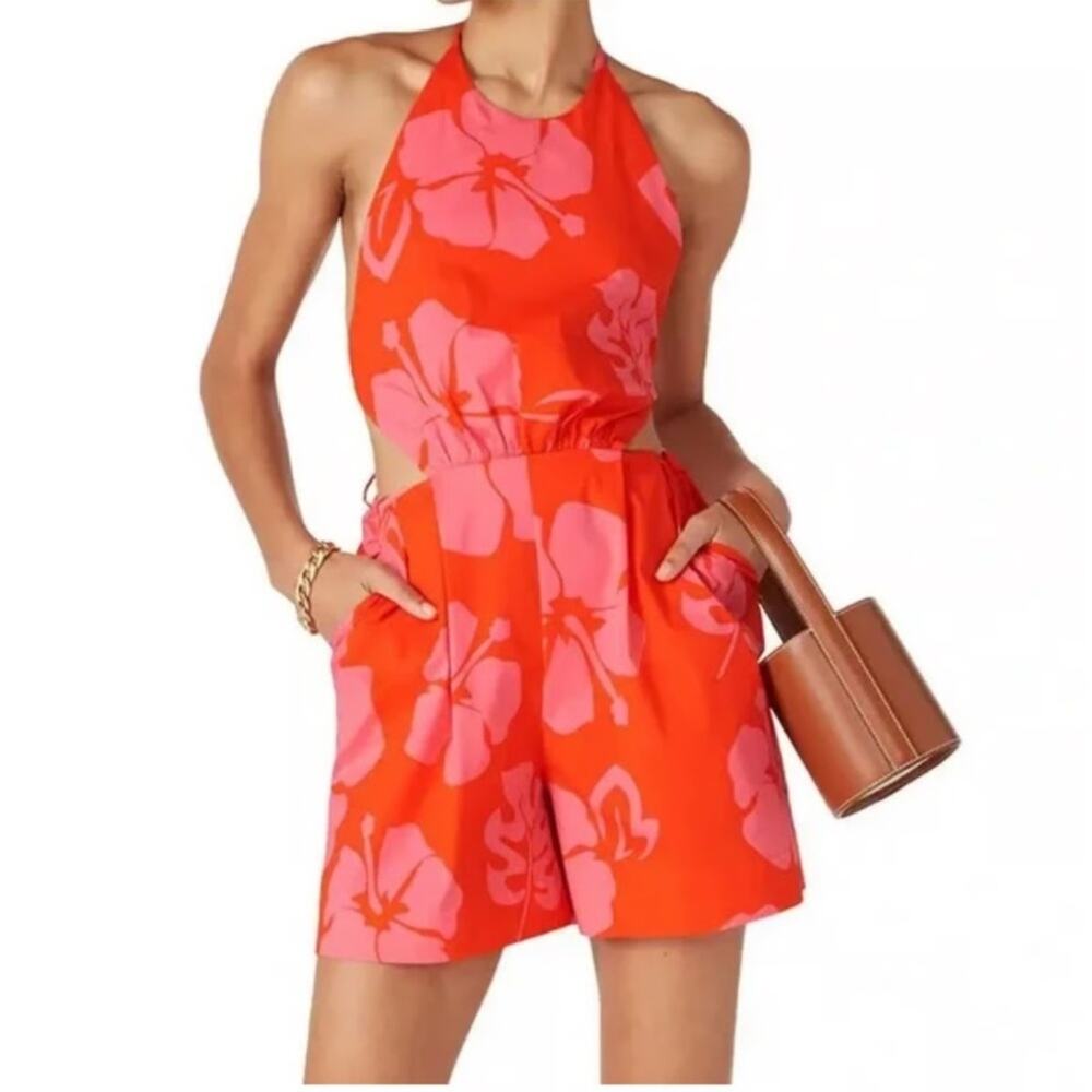 Staud Floral Hibiscus Halter Romper Poplin Cover Up Pink Orange Size 2